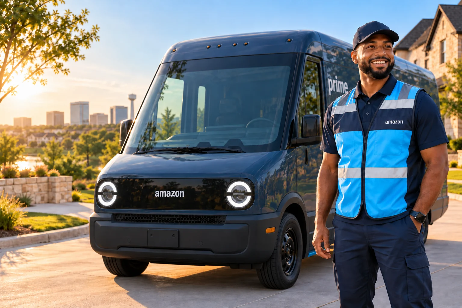 Illustration of an Amazon delivery driver wearing a blue safety vest beside an Amazon Rivian electric delivery van