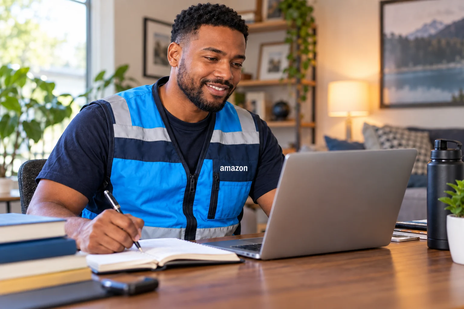 Illustrative scene of an Amazon delivery driver studying on a laptop after work