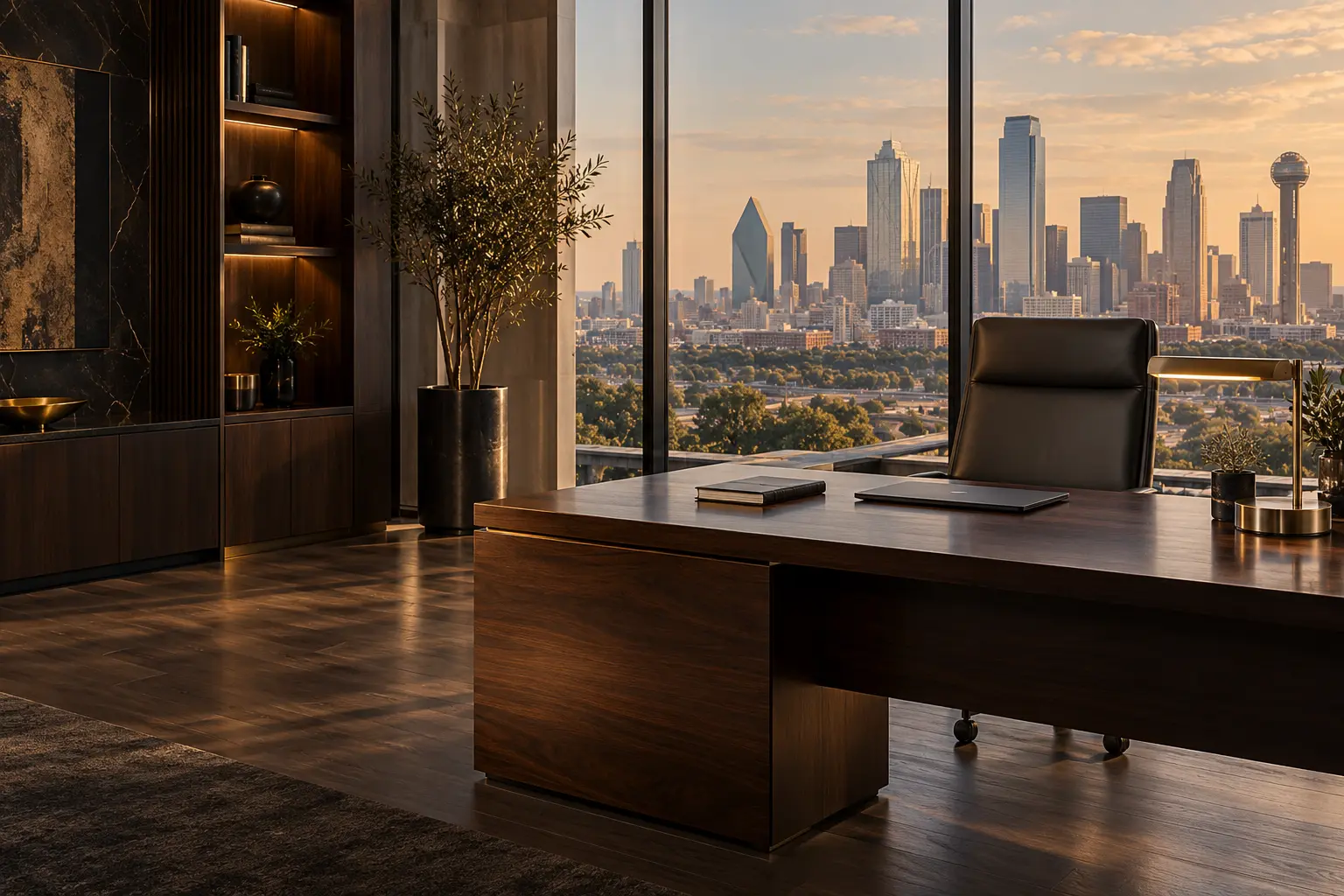 A walnut executive desk overlooking the Dallas skyline